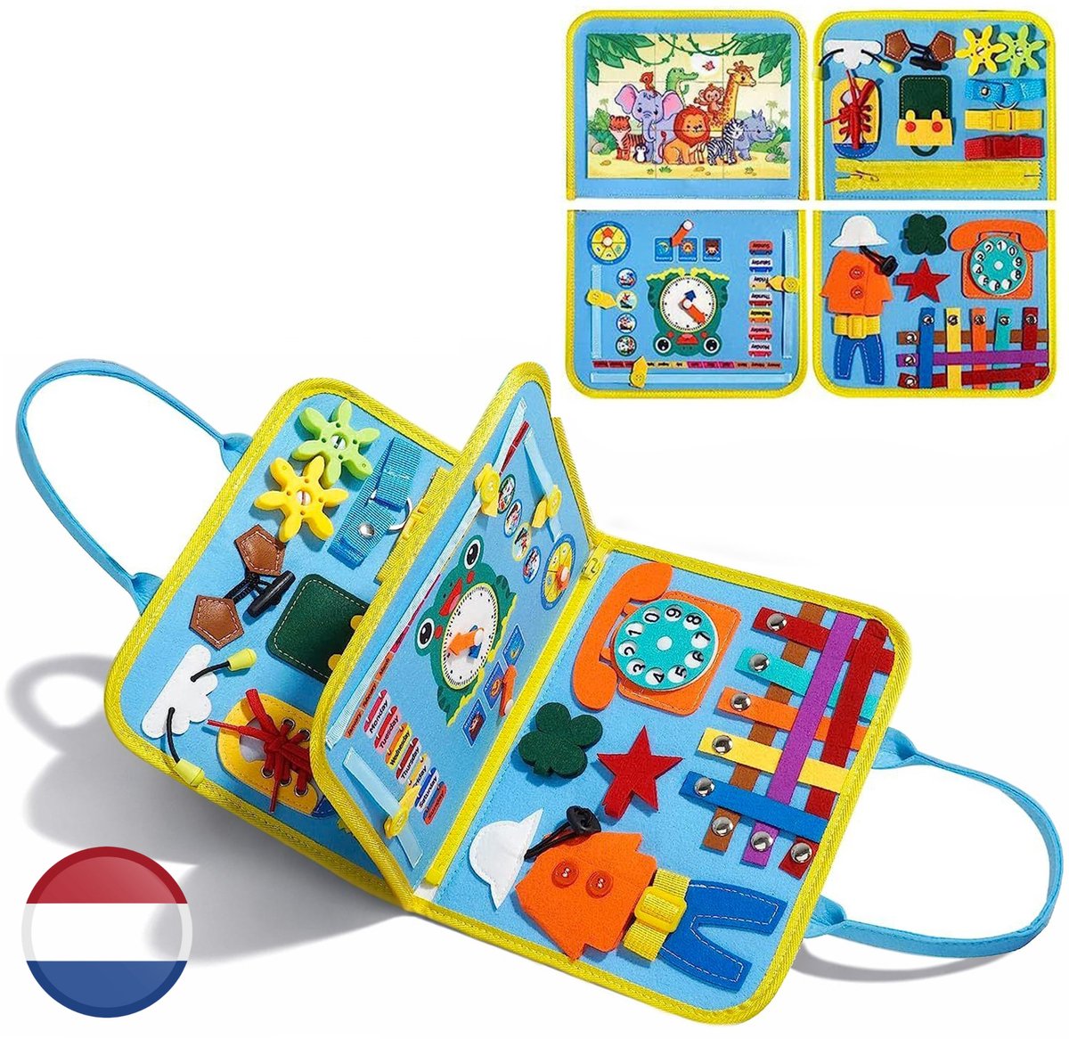 Montessori Activiteiten Boek - Nederlands - Busy Board - Perfect voor op Vakantie - Klok lezen - Motoriek Map voor Thuis en Onderweg - Leren Veter Strikken - Activiteitenboek - Vaardigheden Kinderen - Educatief Spel - Dinosaurus blauw