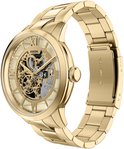 Goudkleurig Fossil skeleton horloge met metalen band en zichtbare mechaniek.