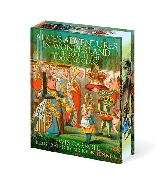 Couverture de livre avec Alice, les reines et les gardes. Titre : Alice's Adventures in Wonderland and Through the Looking Glass, Lewis Carroll, Illustré par Sir John Tenniel.