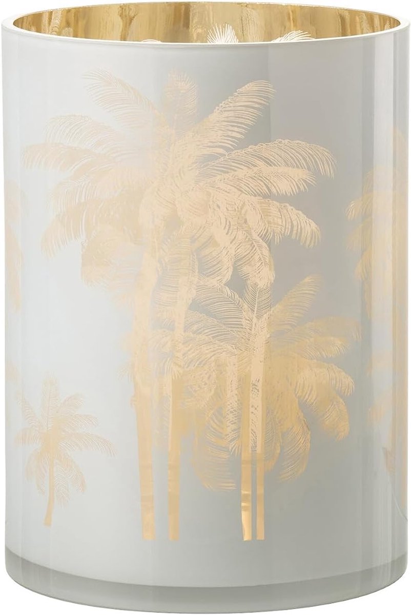 Windlicht Palmbomen - Theelichthouder Glas - Sfeerverlichting Huis - Decoratief Glas Design - 18x18x24 cm - Blauw Goud