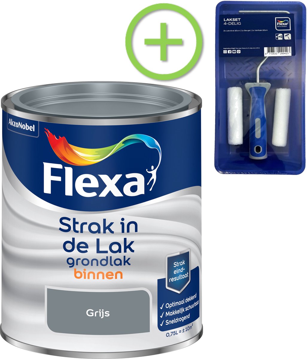 Flexa - Strak In De Lak Grondlak Binnen - Lichtgrijs - 750 Ml + Gratis Flexa Lakset 4-Delig