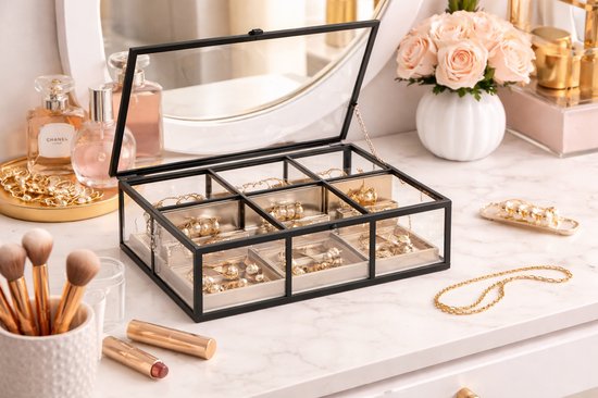 Homtone Glass Jewelry Box with 4 Compartments, Gold Clear Display Box Jewelry Organizer and Countertop Collection Display Case, Decorative Clear Glass and Brass Box