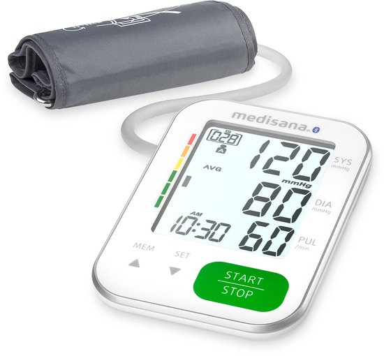 Witte medisana bloeddrukmeter met digitale display en opgerolde manchet ernaast. Display toont 120/80 en 60 hartslag.