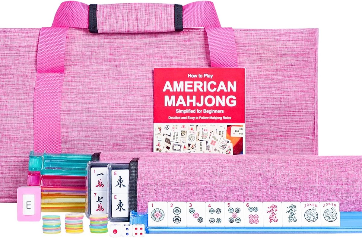 Mahjong Spelset - Tafelspel Set - Gezellig Spelen - Complete Set Inclusief Handleiding - 166 Tegels - Roze Tas