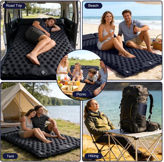 Opblaasbaar luchtbed 2 persoons 200x120x5cm - Ingebouwde pomp - Kampeer slaapmatje-luchtbed-slaapzak-openlucht--Legergroen-Belle's product van Merkloos — afbeelding 3