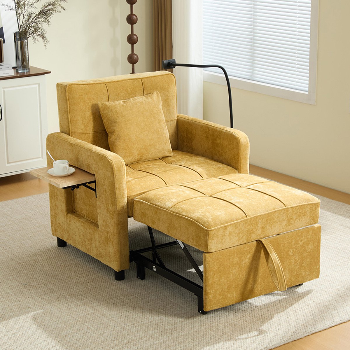 BLACKCOLORS Twee-in-één slaapfauteuil, eenpersoons slaapbank, fauteuil van chenille (met kussens en zijvakken), met een tafeltje aan de ene kant en een opbergtas aan de andere kant, compleet