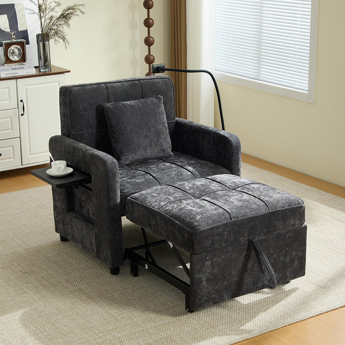 KOMHTOM BLACKCOLORS Twee-in-één slaapfauteuil, eenpersoonsslaapbank, fauteuil van chenille (met kussens en zijvakken), met een tafeltje aan de ene kant en een opbergtas aan de andere kant, compleet Donkergrijs