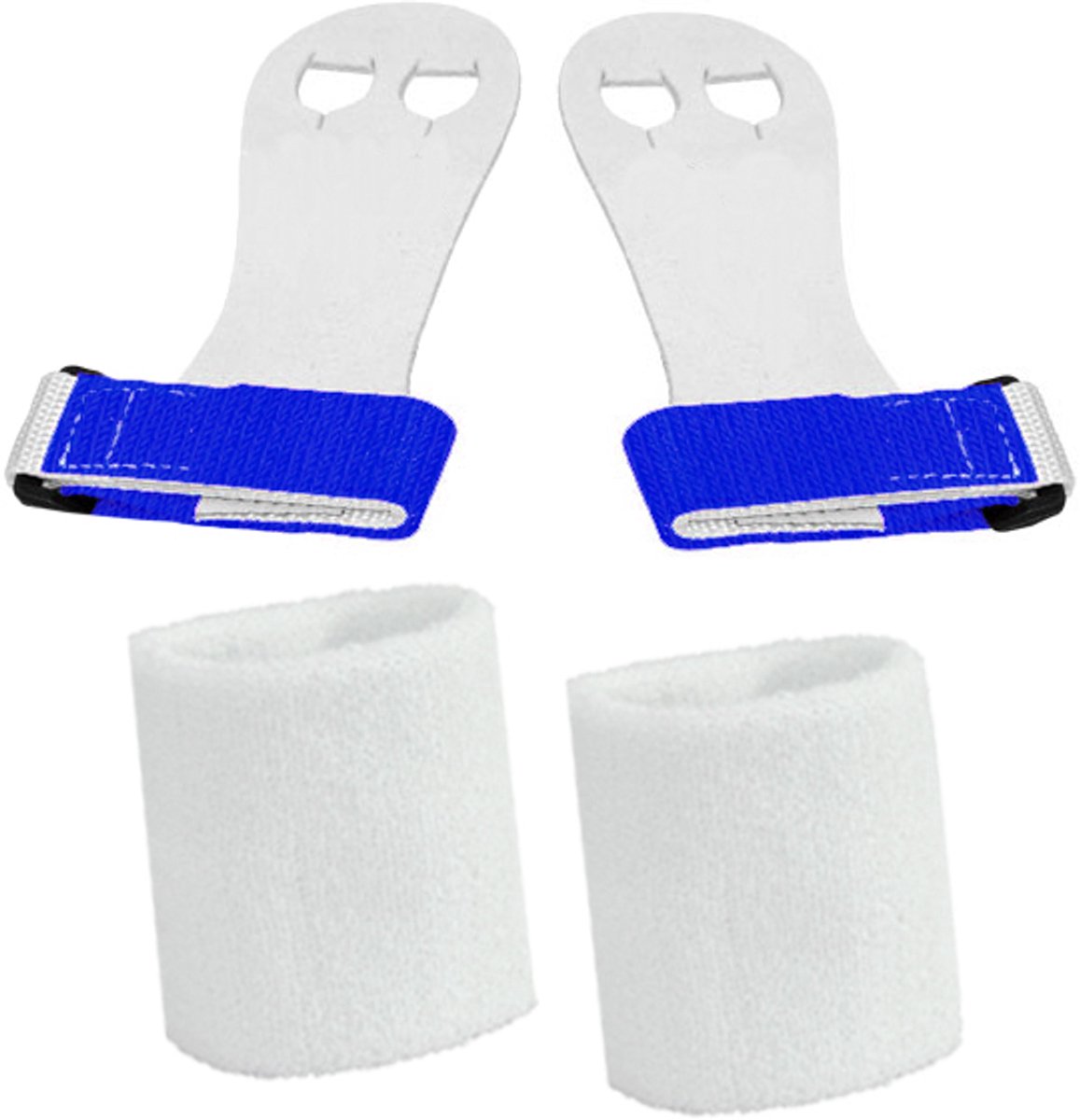Turnleertjes Bailie Blauw maat 3/L (1 paar) met Korte Witte Polsbanden (1 paar) Turnen Gymnastiek Beginners Leertjes Grips Turnen Gymnastiek Crossfit Leer Bescherming Handen Brug Rekstok Ringen