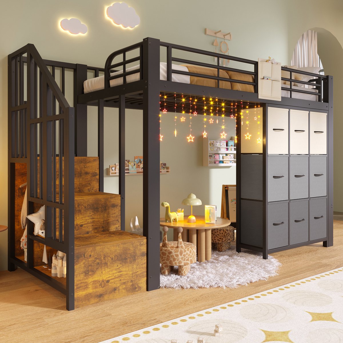 STILVORA Hoogslaper 90x200 cm – Opbergtrap, Laden En Kledingroede – Jeugdbed Van Metaal En MDF – Zwart – Zonder Matras