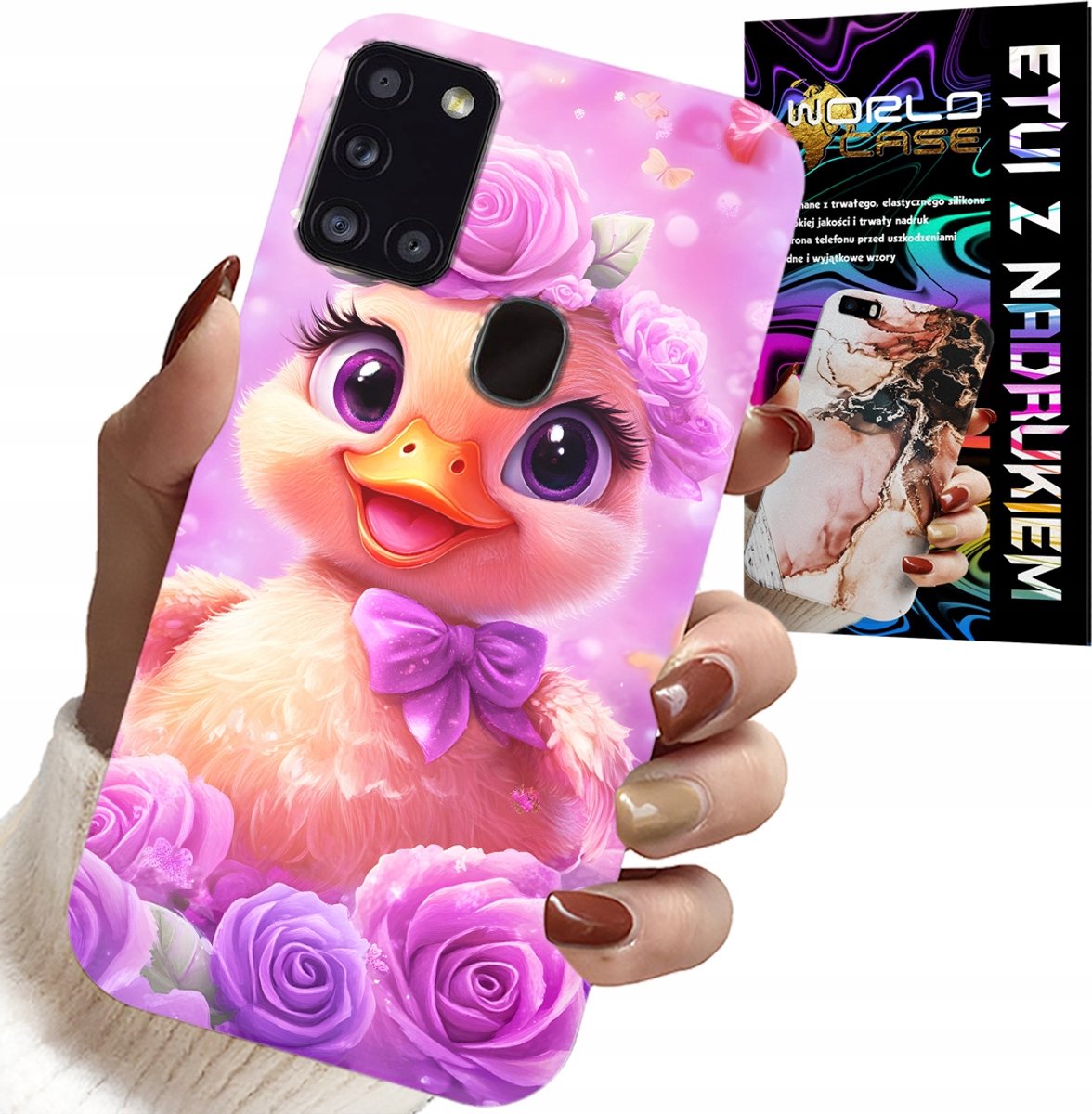 HOESJE VOOR SAMSUNG GALAXY A21S - SCHATTIG EENDJE OP EEN ROZE ACHTERGROND