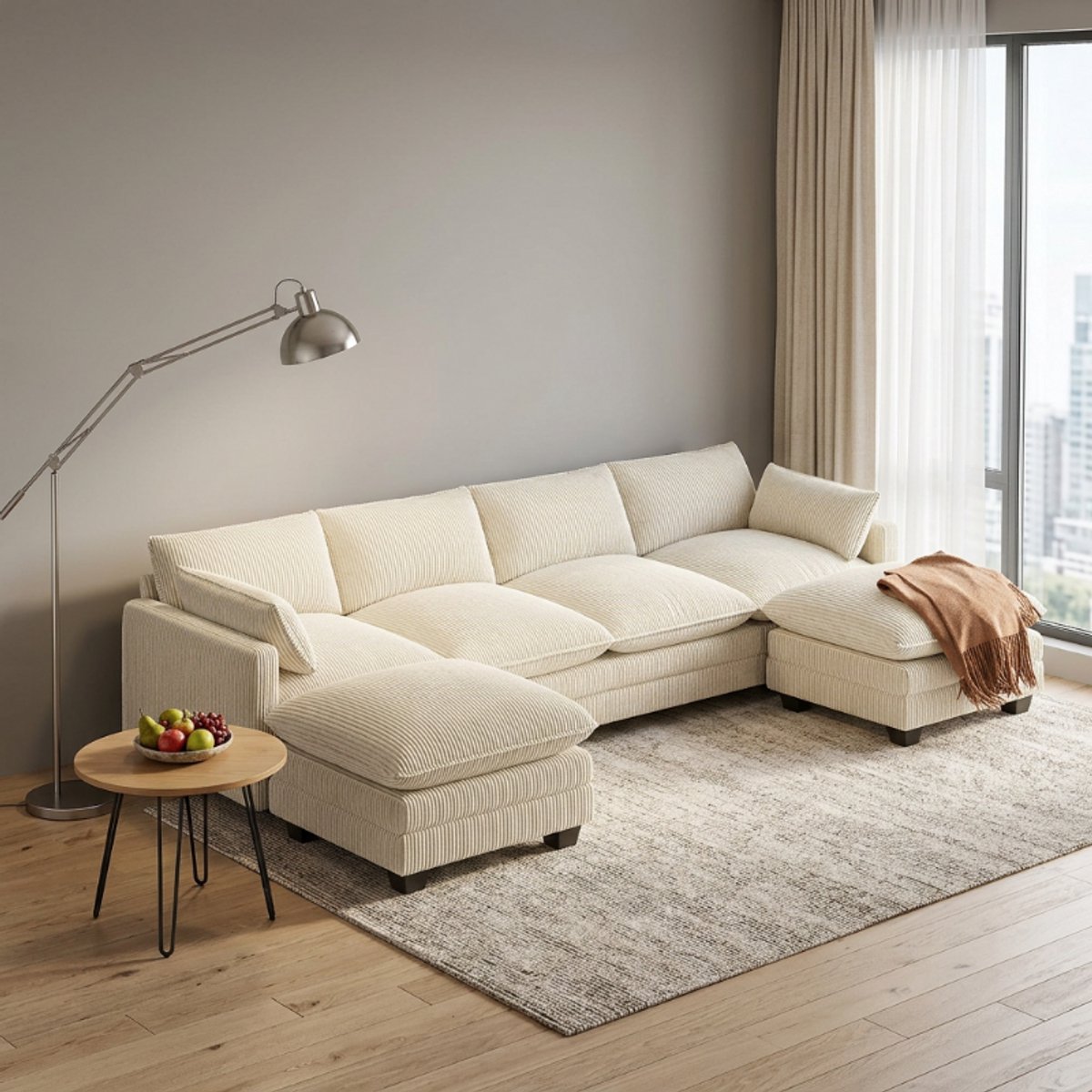 Bealife AR89 4-zits bank - Modulaire bank – U-vorm, ribcord – Inclusief 4 kussens, 2 armleuningen en 2 verstelbaar voetenbankje – 320 cm breed – Beige