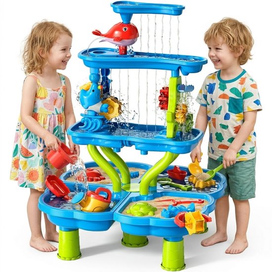 Table de Sable et d'Eau avec Cascade – Table de Jeu Enfants – Parcours d'Eau 4 Étages avec Accessoires – Jouet d'Extérieur Éducatif