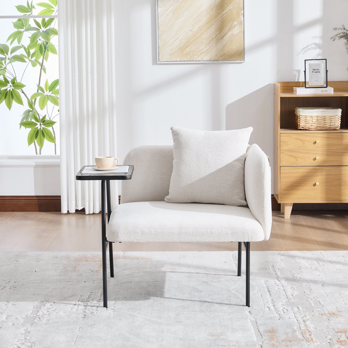 Fauteuil - Stoffen Fauteuil Met Armleuningen En Bijzettafel - Met Opbergruimte - Voor Woonkamer En Werkkamer - Chenille Beige
