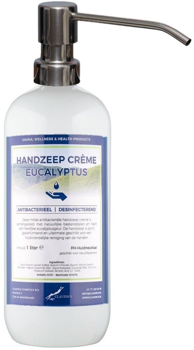Handzeep Crème Eucalyptus 1 liter - met gratis RVS zilverkleurige pomp