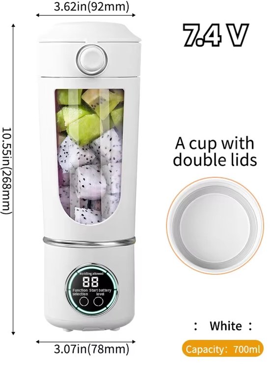 Draagbare Blender 700ML - Smoothie Maker en Juicer 2-in-1 met 12 Messen, USB Oplaadbare Mini Blender voor Shakes, Smoothies en Fruitmix - Wit van Merkloos — afbeelding 4