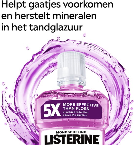 Listerine Total Care mondspoeling in paarse splash. Helpt gaatjes voorkomen en herstelt mineralen in glazuur.