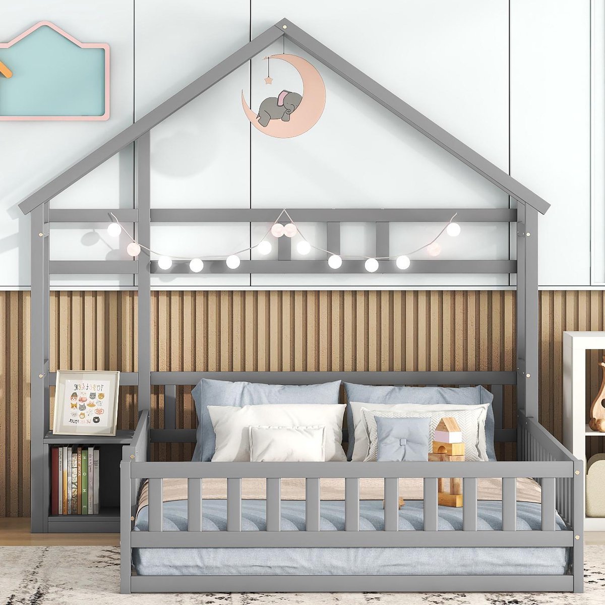 MODENUIT Huisbed 140x200 cm – Kinderbed met hek en kastje – Laag bedframe – Zonder matras – Grenenhout – Grijs