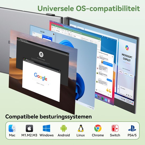 Een reeks computerbesturingssystemen zoals Mac, Windows en Android op de Blackview DCM8 Pro.