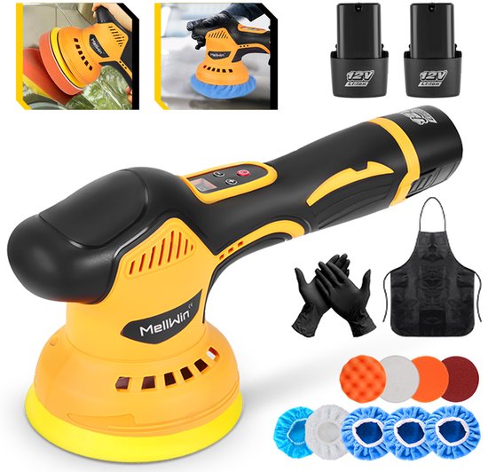 Polisseuse sans fil MellWin - Polisseuse auto 150 mm - 8 vitesses - avec 2 batteries - Kit de polissage auto 12 pièces - Polisseuse excentrique - pour le cirage, le polissage et la restauration de peinture