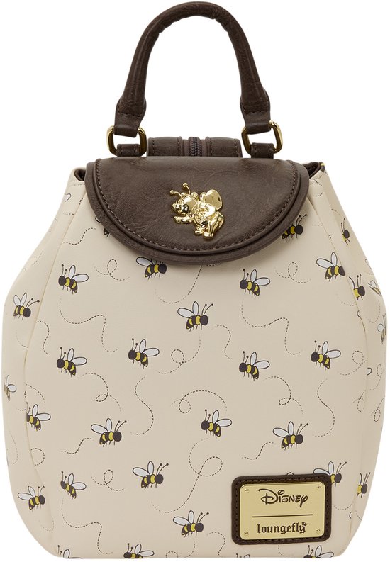 Crème rugzak met bruine klep en gouden bijtje, met een all-over print van vliegende bijtjes.