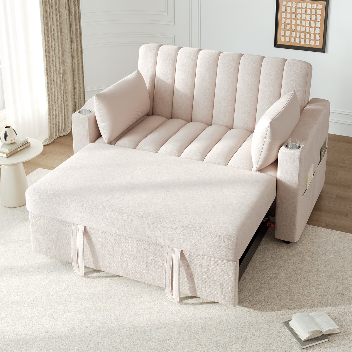MODFU Slaapbank - Verstelbare Rugleuning En Opbergtassen - Voor Woonkamer Of Slaapkamer - Katoen-Linnen - Beige - 136 X 162 X 84 Cm