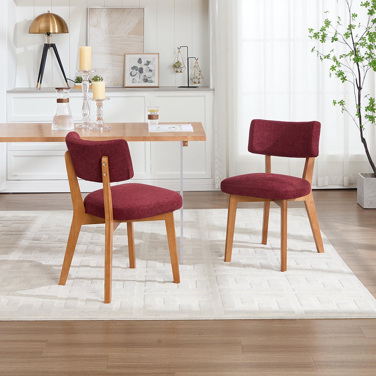 KOMHTOM BLACKCOLORS Set van 2 moderne eetkamerstoelen in mid-century stijl, poten van massief hout, met stof beklede zitting, voor de keuken, eetkamer of kantoor Wijnrood
