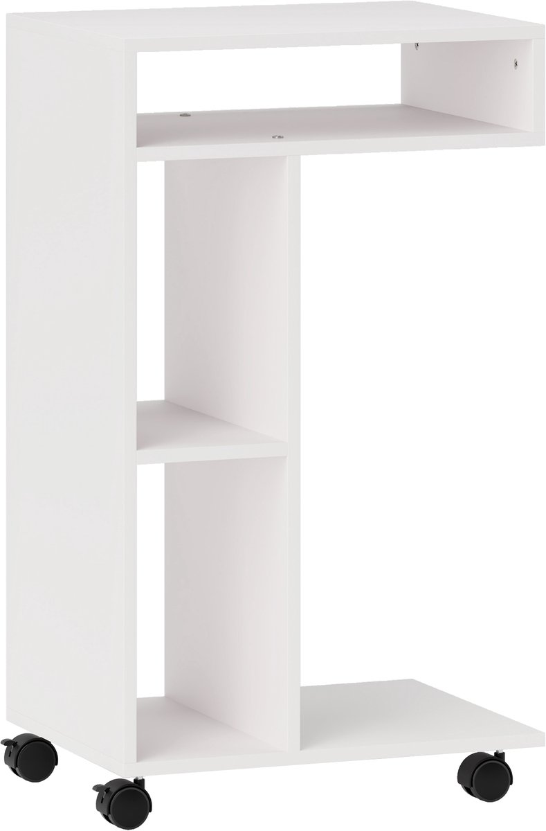 Wishdor - C-Vormige Bijzettafel - Met Wielen En Opbergvakken - Voor Bank Of Bed - Spaanplaat - Wit - 40 x 30 x 69 cm