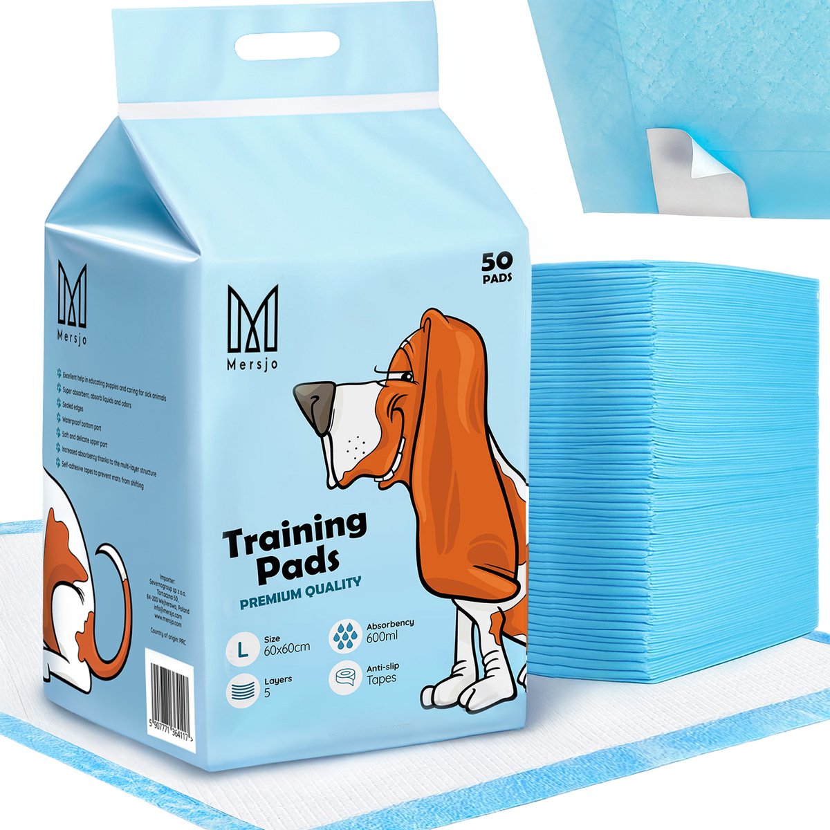 Mersjo Serie - Hygiënische Onderlagen voor Dieren - 60x60 cm - 50 stuks - Zelfklevende Strips - Super Absorberend