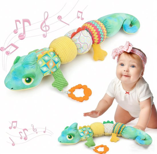 Foto: Kraftverdia buikligtrainer baby sensorisch pluche speelgoed met geluid muziek bijtring kameleon thema geschikt vanaf 0 maanden groen