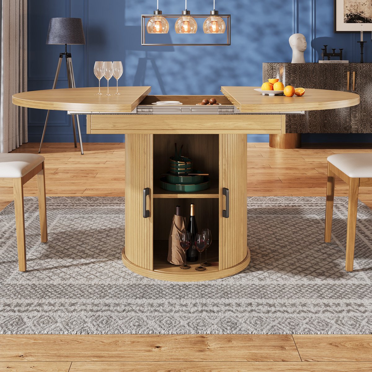 REDOM - Eettafel - Uitschuifbaar Met Opbergruimte - Retro - Voor Eetkamer - MDF - Naturel - 118-158 X 118 X 76,8 Cm