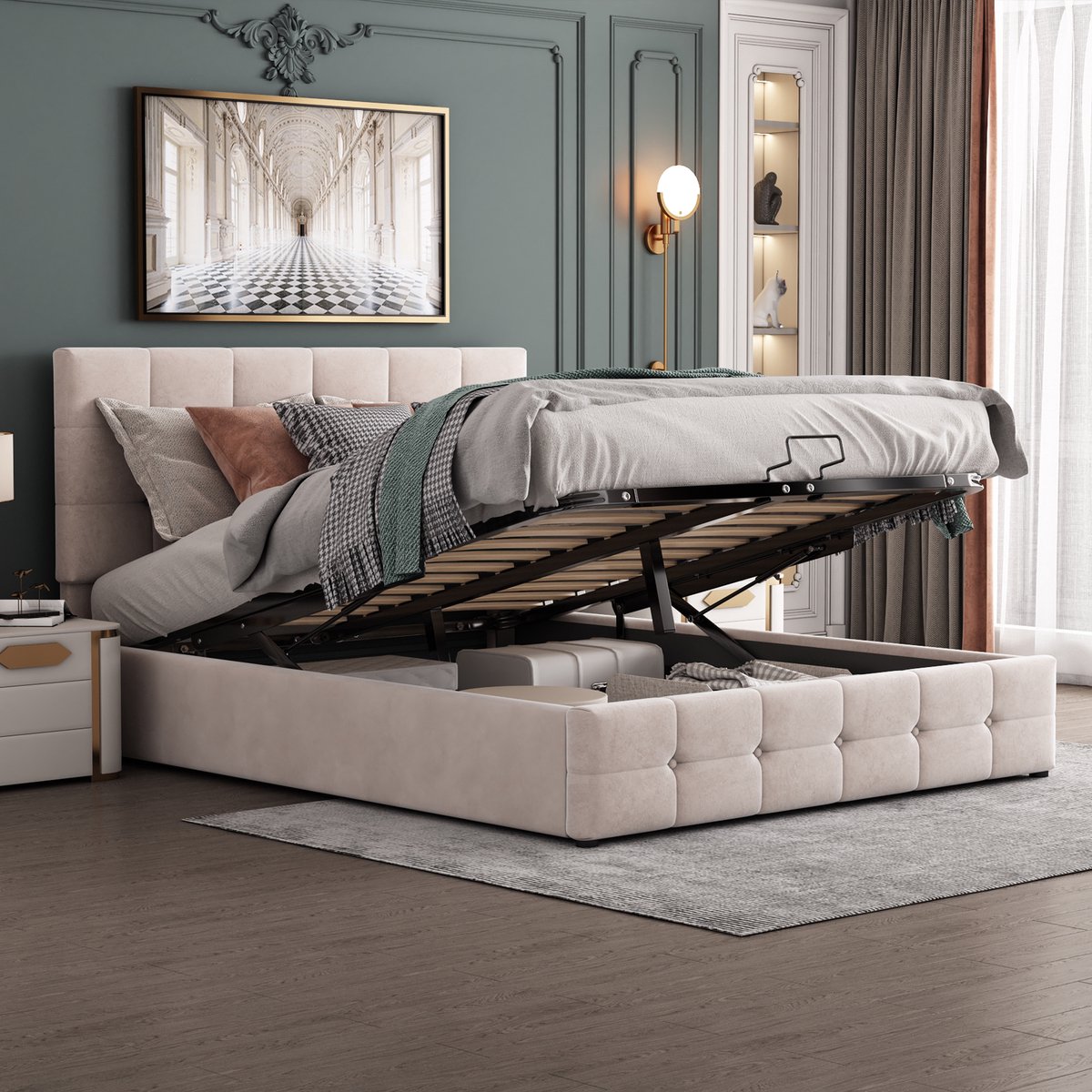 MODENUIT Gestoffeerd bed 140x200 cm – Tweepersoonsbed met hydraulische opbergruimte – Verstelbaar hoofdbord – Zonder matras – Crèmewit
