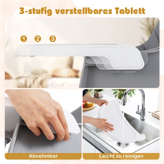 COSTWAY kinderstoel Baby 16 in 1, kinderstoel & speelgoedtafel & bouwblokkenbord & kinderstoel & zitverhoger met afneembaar dienblad, 5-puntsgordel & mand, kinderstoel voor kinderen vanaf 6 maanden (grijs) van COSTWAY — afbeelding 4