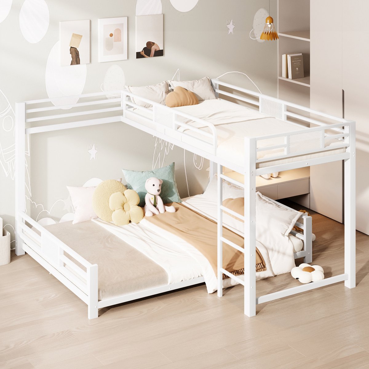 MODENUIT Stapelbed 90x200/140x200 cm – L-vormig metalen frame – Met veiligheidshekken – Zonder matras – Wit