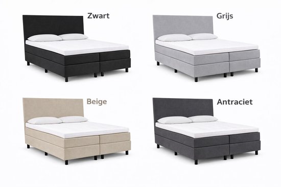 Vier boxsprings in de kleuren zwart, grijs, beige en antraciet, elk met een rechthoekig hoofdbord en witte topper.