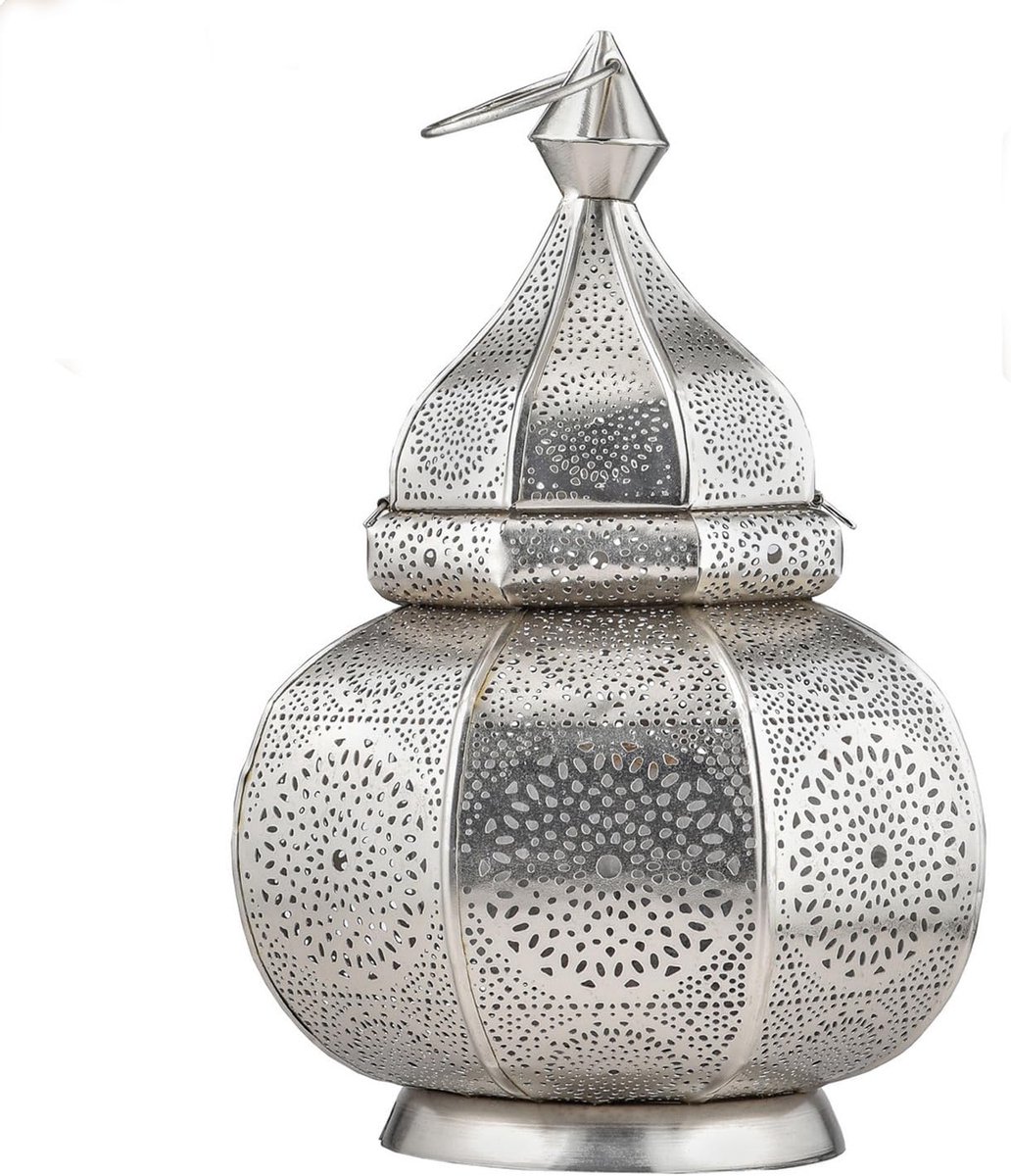 Oosterse Lamp Lantaarn - Decoratieve Verlichting - Sfeerverlichting Huis - Metaal Met Details - 30 cm Hoog - Zilverkleurig