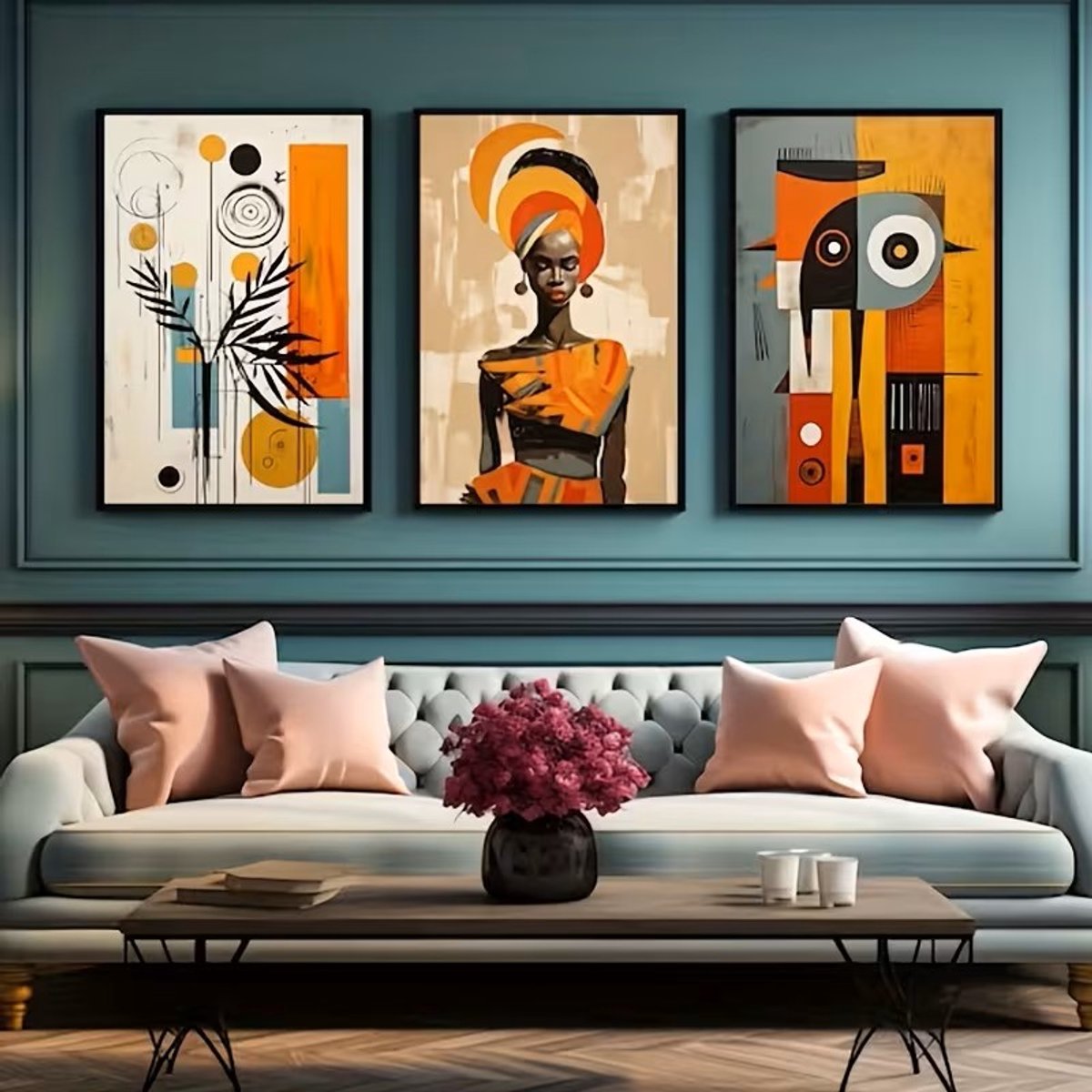 Canvas poster set - Afrikaanse kunst - Abstract modern - 3 luik wanddecoratie - Vrouw en vormen - 30x40 cm - Zonder lijst - trendy
