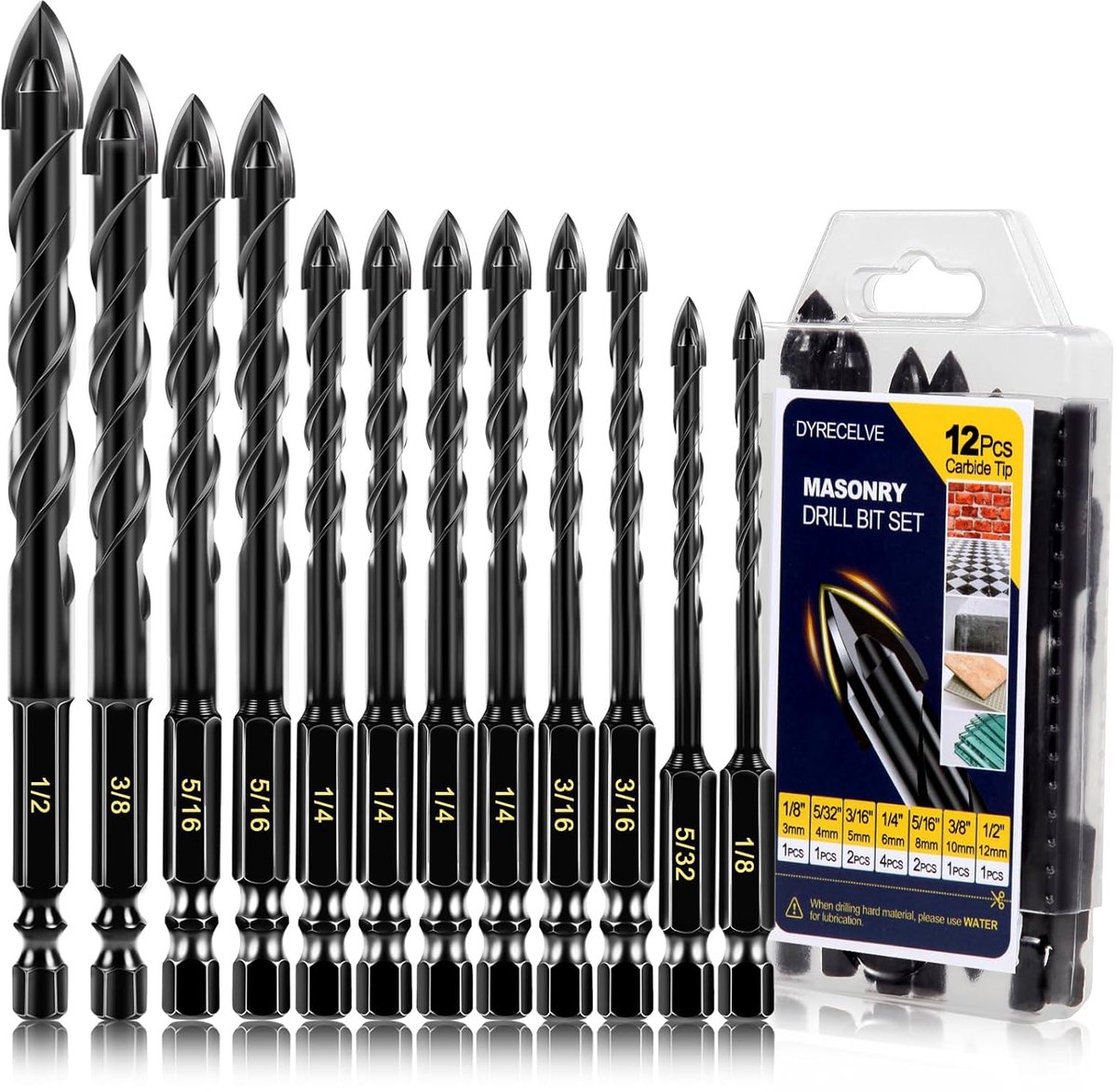 Boorset Beton Metselwerk - Universele Boren Set - Muren Tegels Boren - Industriële Hardmetalen Punt - 12 Delig 1/8-1/2 Inch