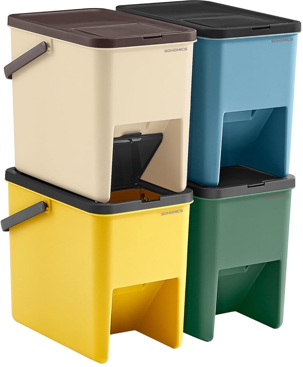 Furnstar Keukenprullenbak Set van 4 – Stapelbare Prullenbakken 20L per stuk – Afvalscheidingssysteem – Scharnierend Deksel – Met Stickers – Geel, Blauw, Beige & Groen