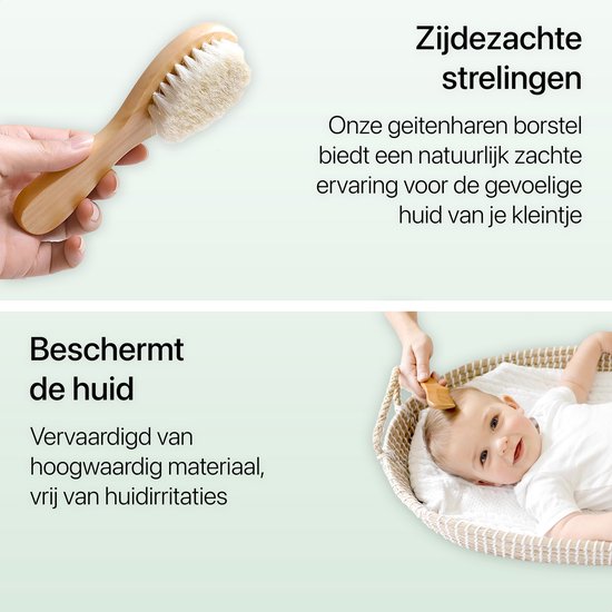Boven: Hand die zachte geitenharen borstel vasthoudt. Onder: Baby in mandje, krijgt hoofdhuidmassage met houten borstel.
