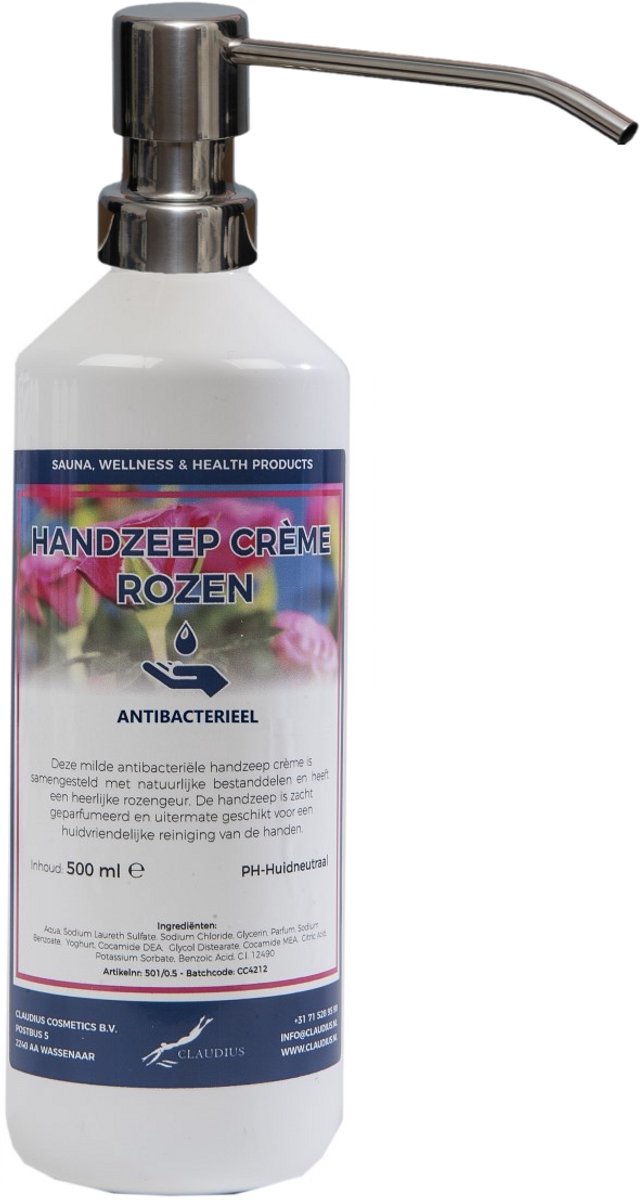 Handzeep Crème Rozen 500 ml - met gratis RVS zilverkleurige pomp