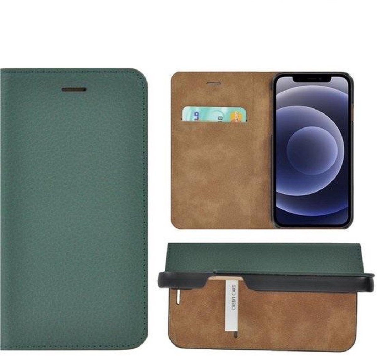 Hoesje Leer Geschikt voor iPhone 12 pro Max - Bookcase - Portemonnee Hoes Ultra dun Echt leer Wallet case Dennen Groen