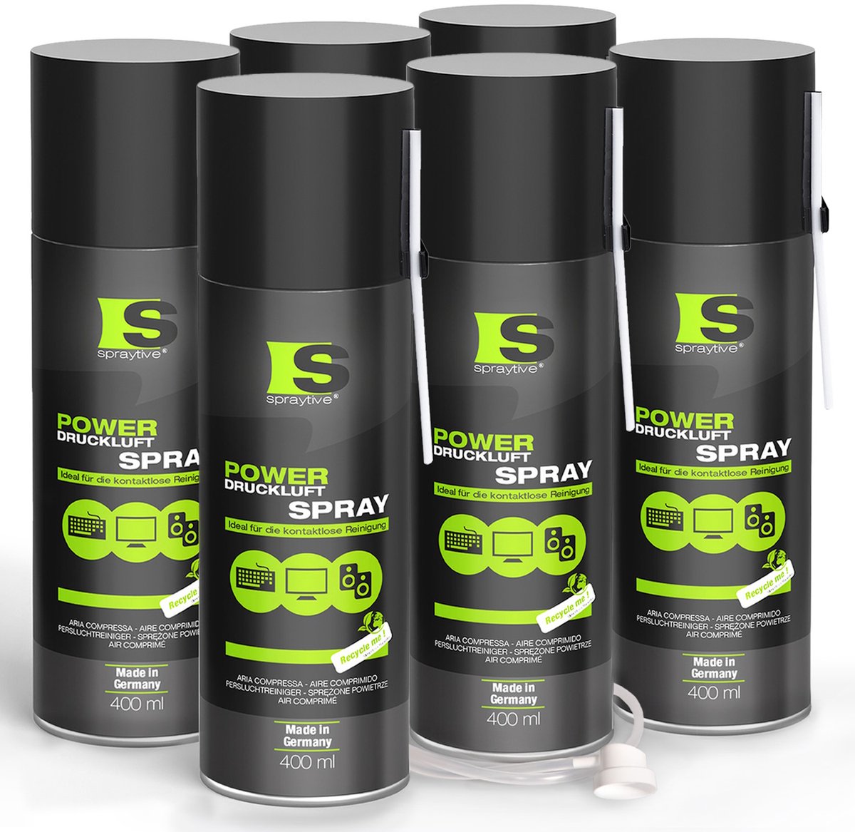 Spraytive 6x 400ml power persluchtspray persluchtreiniger met 10cm spuitrietje voor toetsenbord, pc, ps5, xbox, camera