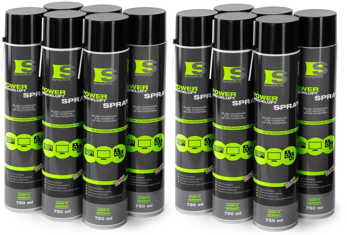 Spraytive 12x 750ml power persluchtspray persluchtreiniger met 100mm spuitrietje pc reinigingsset toetsenbord computer camera