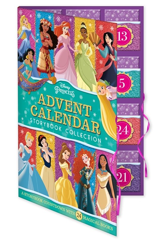 Calendrier de l'Avent Disney Princess avec 24 livres magiques, mettant en vedette Cendrillon, Belle, Ariel, Jasmine, Pocahontas et Mulan.