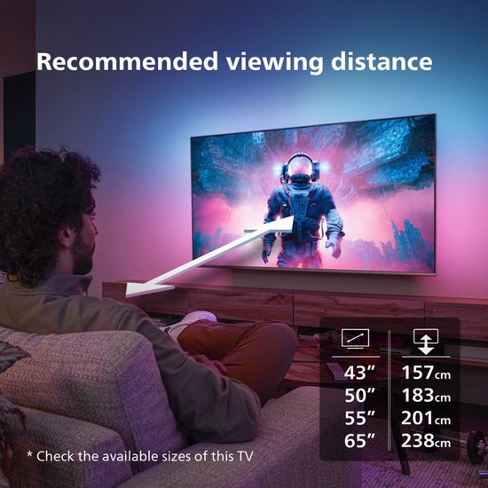 Man kijkt tv in een woonkamer. Afmetingen van de tv's in centimeters: 43" tot 65".