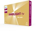 Doos van de Philips Ambilight tv 'the one' met een geelgouden design met lijnen en logo's.