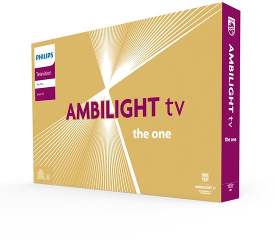 Doos van de Philips Ambilight tv 'the one' met een geelgouden design met lijnen en logo's.