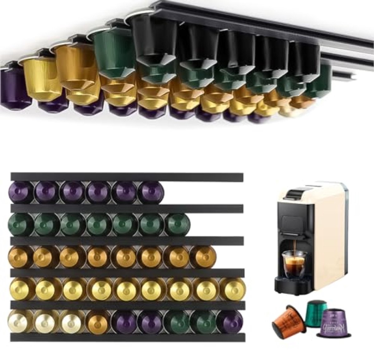 Koffiecapsule wandhouder - 6 stangen, verstelbaar, plakstrip, voor 40 capsules