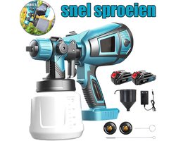 Draadloze verfspuit met accu, 2x 3,0 Ah 18V accu, elektrische verfspuit, 3 sproeiers, instelbare spuitbreedte en debietregeling, handzame HVLP-verfspuit voor het schilderen van meubels en kasten.