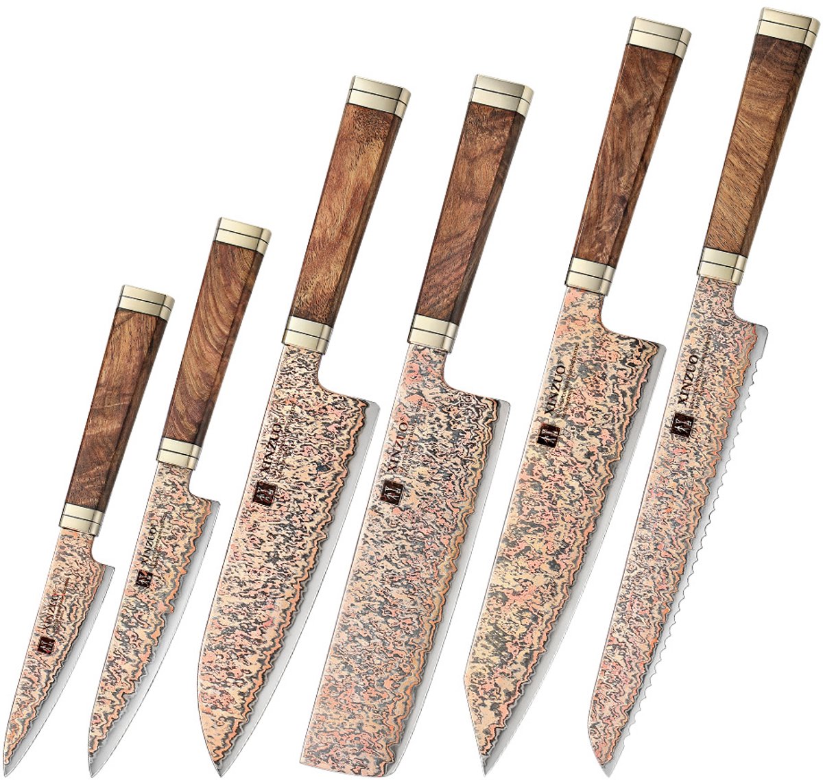 Xinzuo - Professionele messenset van Koper Damascus staal - 52 lagen rondom harde 12Cr18MoV kern - Handvat van Padauk Burl hout - X08C Retro Series